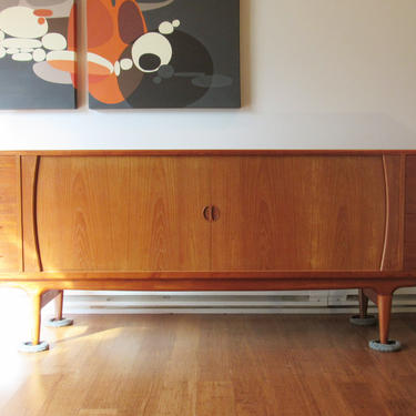 Vintage tambour-door Danish 95&quot; teak credenza/sideboard by Johannes Andersen for Uldum Møbelfabrik 