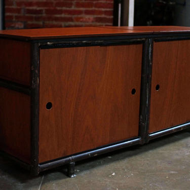 Modern, Mid-Century-Inspired Vinyl Stereo Console w/ Hinged Top, Record Partitions, and Sliding Doors, Stained Plywood & Reclaimed Steel 