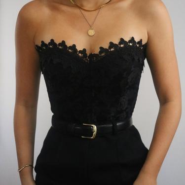 Vintage Black Lace Corset - Frederick’s of Hollywood Lace Up Back Corset Top - With Detachable Adjustable Garters 
