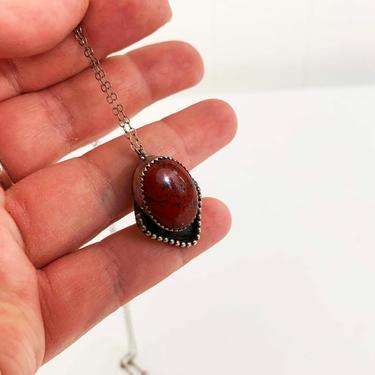Vintage Sterling Silver Necklace Red Jasper Diamond Pendant 925 18 inch Chain Mineral Stone Modern Boho Style 
