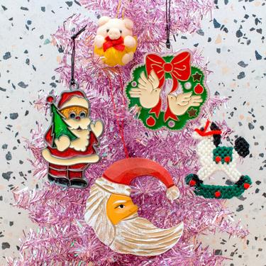 Vintage 1980s Christmas Tree Ornaments - Santa, Pig, Rocking Horse &amp; Wreath Ornaments Holiday Decoration Christmas Decor 