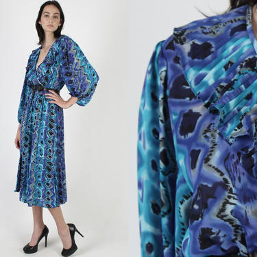 Vintage 80s Abstract Floral Dress / Plunging V Neck Dress Ruffle Bodice / Blue Black Pleated Deep Deep V Wrap Smocked Waist Maxi Dress 