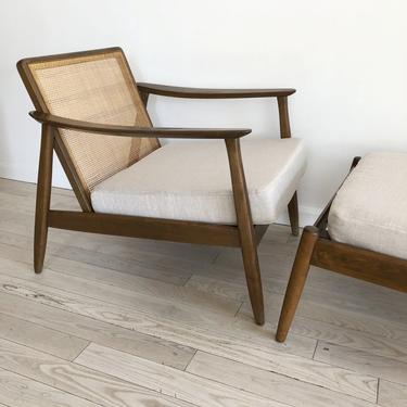 1960s Scandinavian Cane Back Lounge Chair W/ Ottoman by Folke Ohlsson for Dux in Linen