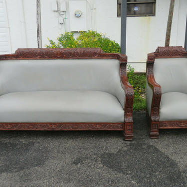 Heavy Carved Solid Mahogany Set of Long Sofa Couch and a Chair by Karpen 1566