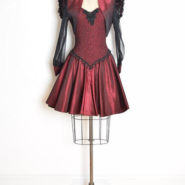 vintage 80s prom dress burgundy taffeta full short party dress steampunk XS S victorian mini dress clothing 