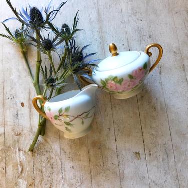 Antique Porcelaine Ceramic Flora Sugar &amp; Creamer (set of 2)