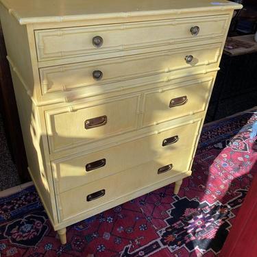 Yellow painted faux bamboo chest of drawers. 36.5” x 20.5” x 47”