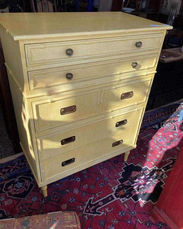 Yellow painted faux bamboo chest of drawers. 36.5” x 20.5” x 47”