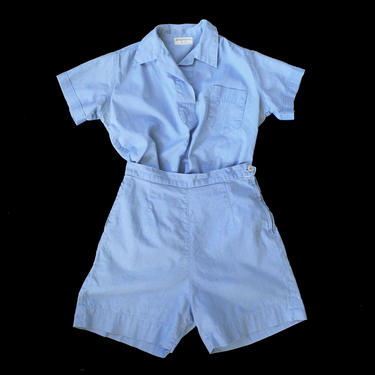 1940s Sportswear Set / Top and Shorts Two Piece 40s Cotton Chambray Gym Suit Set / Playsuit 