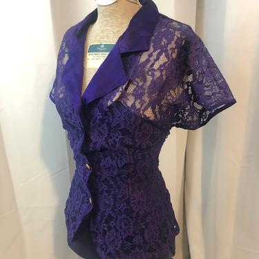 1980s vintage Victoria's Secret Purple floral lace and satin blouse M 