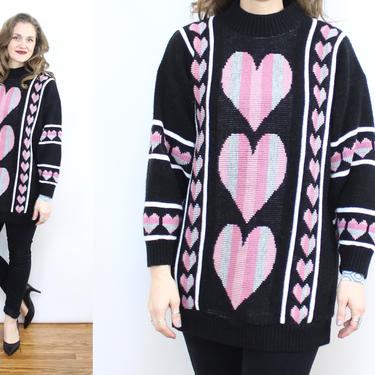 Vintage 80's Heart Sweater Tunic / 1980's Hearts Acrylic Mock Neck Sweater / Valentines / Pink Hearts / Women's Size Medium Large XL 