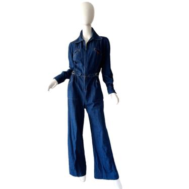 70s Landlubber Denim Jumpsuit / Vintage Bell Bottoms Jumpsuit / Blue Jean Jumpsuit Medium 