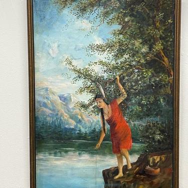 Framed Artwork Painting Native Woman at Beautiful Mountain Cliff Lake Edge Pines Nature Explorer Scenic Portrait Wall Art Decor Art Forest 
