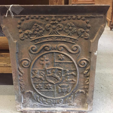 Antique French Fireback, cast iron, depicting a crest centered by a lion 