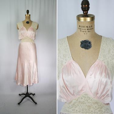 Vintage 40s nightgown | Vintage pink satin floral lace nightgown | 1940s Shirley Ray negligee 