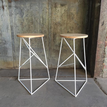 Short Modern Steel Stool with Solid Wood Top 