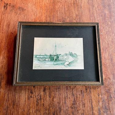 AM Russell 1931 Seaside Watercolor Painting Antique Vintage Artwork Wall Art 
