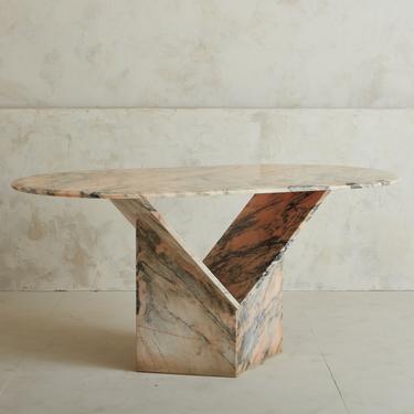 Oval Rosso Portogallo Y-Shaped Base Marble Dining Table