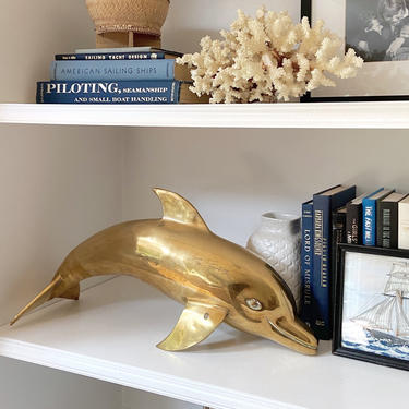 vintage 70s Brass Swimming Dolphin Figure Figurine // Retro Beach House Nautical Decor