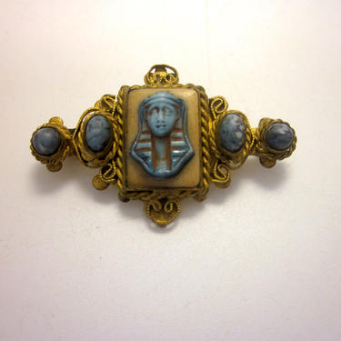 True Vintage 1920 Art Deco Egyptian Revival King Tut Baby Blue Faux Turquoise and Cream White Stone Scarab Detail Brass Filigree Pin Brooch 