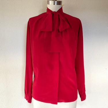 1980s Red silk secretary blouse 