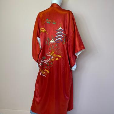 Vtg red silk embroidered maxi length kimono 