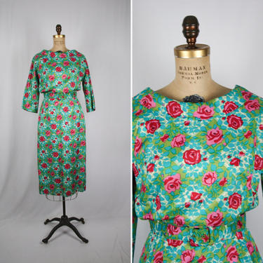 Vintage 50s dress | Vintage floral rose print silk dress | 1950s Jannell of California dress 