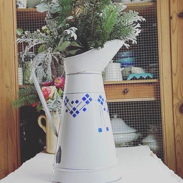 Beautiful vintage French enamelware pitcher with lovely design 