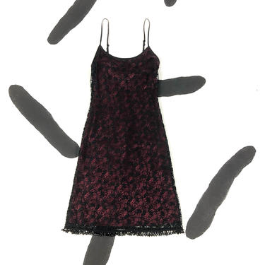 90s Betsey Johnson Evening Black and Red Lace Overlay Slip Dress / Beaded Crystal Trim / Spaghetti Strap / Size P / Small / Goth / Bra Strap 
