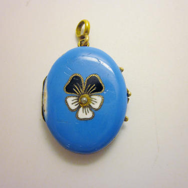 Antique Victorian Era 10K Gold and Robin's Egg Blue Enamel Picture Locket Pendant with Black and White Pansy Flower and Seed Pearl Detail 