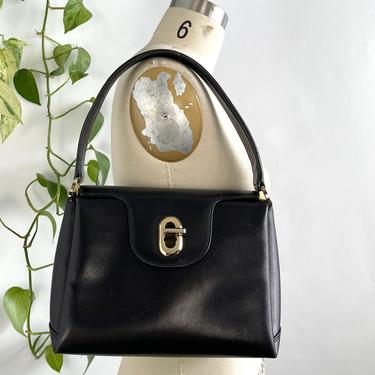 GUCCI Vintage 60s Kelly Bag | 1960s Black Leather, Red Interior Italian Handle Purse | 50s 1950s Designer Handbag Made in Italy, Mid Century 