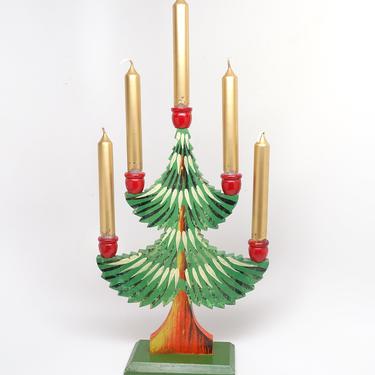 Antique Wooden Swiss Christmas Tree with Candle Holders, Vintage Hand Painted Wood, Retro Decor Sweden 