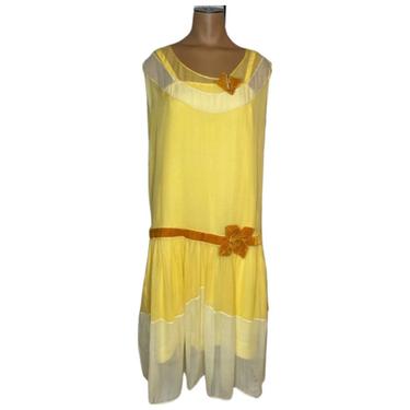 1920s Yellow Chiffon Flapper Dress 