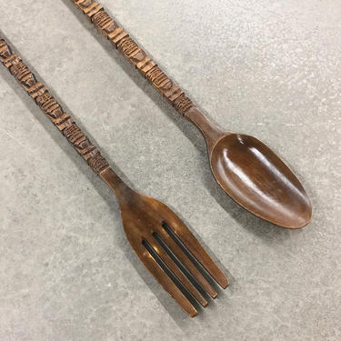 Vintage Enesco Fork + Spoon Retro 1970s Extra Large Size + Carved Wood + Tiki + Kitchen Wall Decor + Philippines + Mid Century Modern 