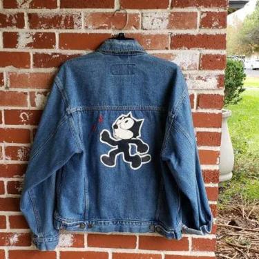 Vintage 90s Felix The Cat Leather Music Applique Denim Jacket   Wrangler M/L 