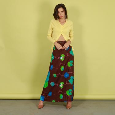 60s Brown High Waisted Lotus Flower Skirt Vintage Print Long Maxi Skirt 