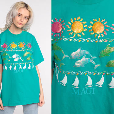 Maui Dolphin Shirt Dolphin Shirt Hawaii T Shirt Graphic Tshirt 90s Print Top Sun Shirt Vintage Beach Fruit of the loom Medium 