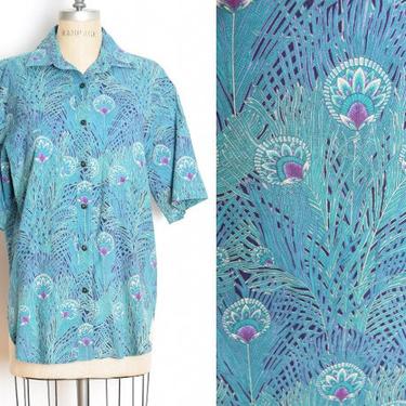 vintage 80s top peacock feather print button up blouse shirt short sleeve L XL 