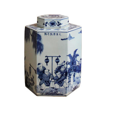 Chinese Blue &amp; White Porcelain Oriental Scenery Hexagon Jar Container cs5110E 