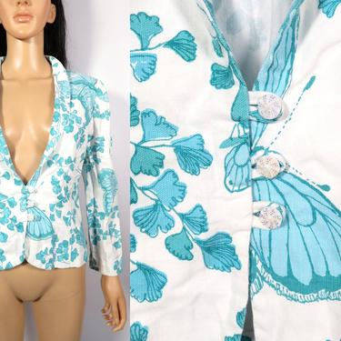 Vintage 70s Butterfly Print Cotton Spring Blazer Size S/M 