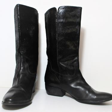 Vintage 1990s Van Eli Cowboy Boots, 9 1/2M Women, Black Smooth and Shiny Lizard Leather, Urban Cowgirl Boots 