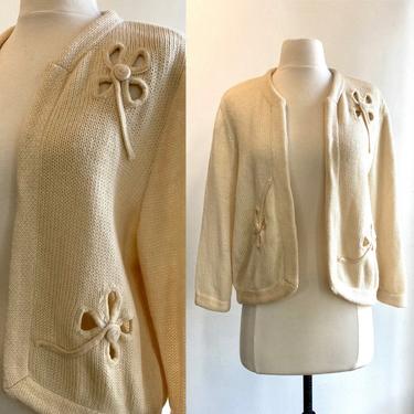 Vintage 60s FOUR LEAF CLOVER Novelty Cardigan Sweater / Cut Out Detail 