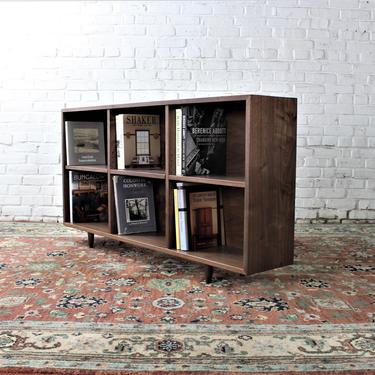 Solid handmade walnut adjustable shelf bookcase in mid century style 