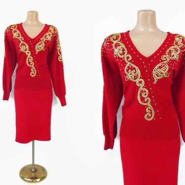 VINTAGE 80s Red Knit Sweater and Skirt Set Embellished with Gold Soutache and Citron Rhinestones | 1980s 2 piece Outfit | By Antonella Preve 