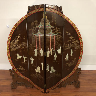 Vintage Carved Wood and Lacquer Double Sided Chinese Screen 