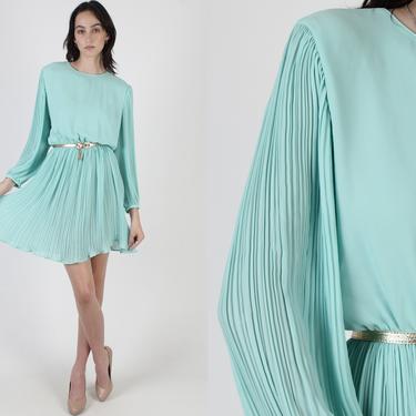 Vintage 80s Mint Party Dress / Sheer Micro Pleated Skirt / Loose Fitting Puff Sleeves / One Solid Color Cocktail Party Mini Dress 