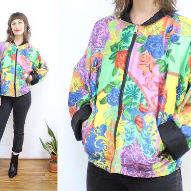 Vintage 90's FUNKY ROSE reversible Light Weight Jacket / 1990's Colorful Windbreaker / Rose Print / Women's Size Small Medium 