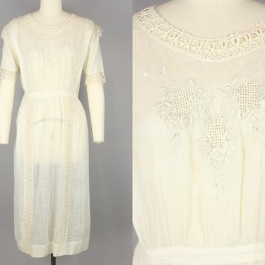 1910s Ivory Cotton Dress · Vintage 10s Lace & Voile Dress · Medium 