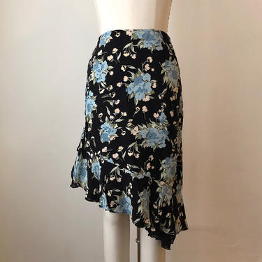 Black and Blue Floral Print Ruffled Skirt - Betsey Johnson - Late 1990s 