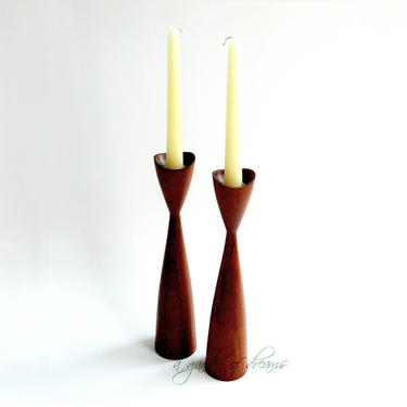 Mid century modern teak candle holders candlesticks pair set &amp;quot;Dansk&amp;quot; style home mod retro table decor Scandinavian design Denmark c 1960 